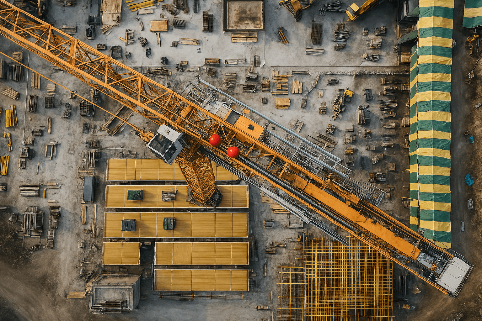 Large construction site with a tower crane and building foundation