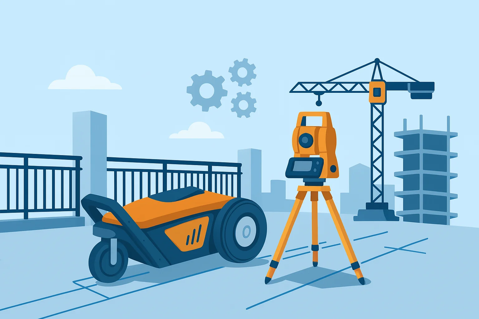 Construction technology featuring surveying equipment and construction site with modern tools